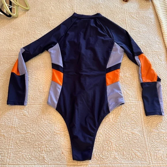 Navy Blue Orange One Piece Long Sleeve Swimsuit Small Modest Zip-up Surf Maui - Picture 2 of 12